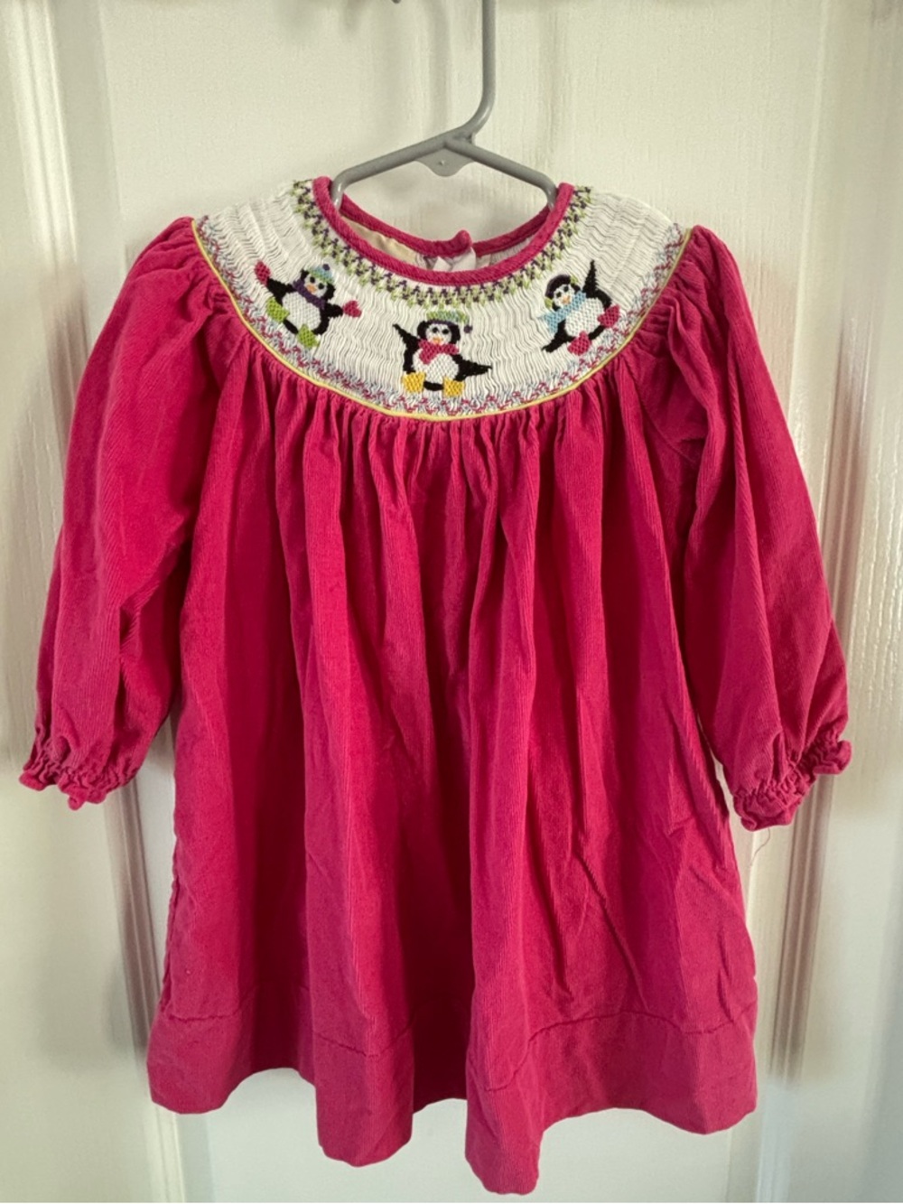 marmellata Hot Pink Smocked Penguin Corduroy Dress